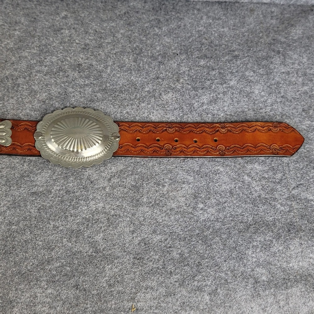 Vintage Western Tooled Leather Concho Belt Brown Silver Tone Southwestern 36 NOS - Picture 6 of 10